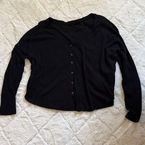 Black Oversized Waffle Long Sleeve Top